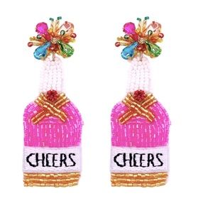 Champagne Bottle Beaded Earrings Pink Sparkle Party Celebration Statement